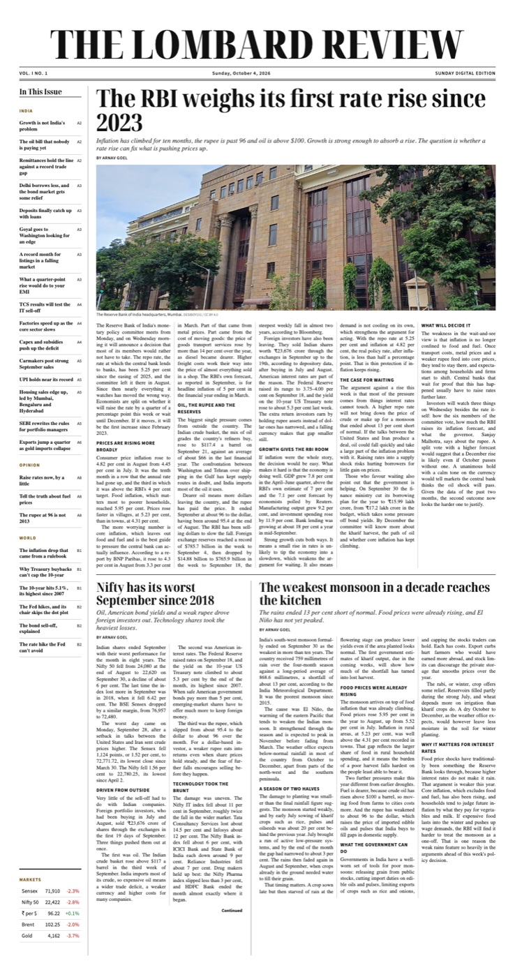 Front page of The Lombard Review, October 4, 2026: The RBI weighs its first rate rise since 2023