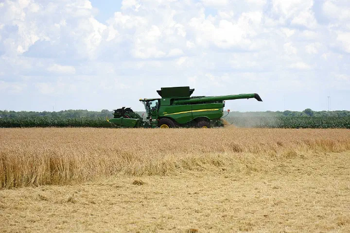 Farmer Mike Starkey harvests wheat from his field in Brownsburg, Indiana on June 28, 2021. (NRCS