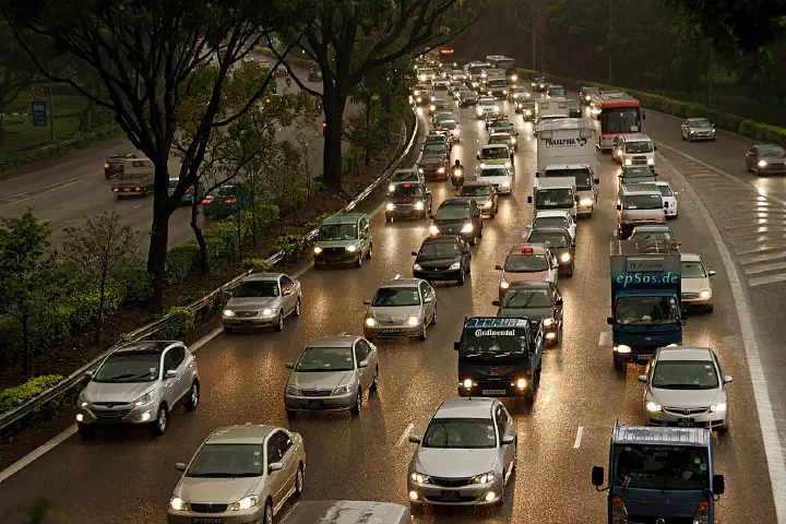 Free picture of beautiful new cars, electric trucks and old autos in a traffic jam under rainy weather conditions