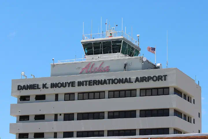 The main air traffic control tower of the Daniel K. Inouye International Airport (HNL) in 2025