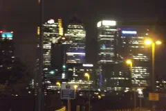 Canary Wharf at night, seen from North Greenwich.