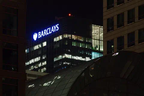 Looking across the City Canal towardsthe Barclays building at night