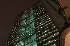 Looking up at 1 Churchill Place, aka the Barclays Building, in Canary Wharf