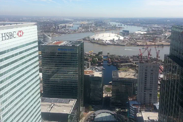 View of O2 arena inbetween HSBC building, Canary Wharf, Barclays building and Citi building,London