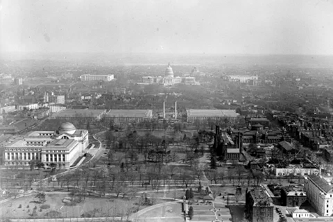 Eastward view of the National Mall from the top of the Washington Monument in Washington, D.C., between 1916 and 1918