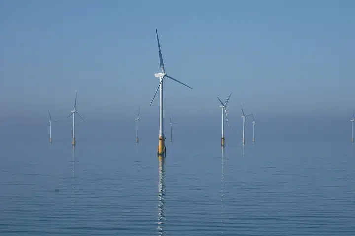 Offshore wind turbines at Barrow Offshore Wind Farm off Walney Island in the Irish Sea Unusually good weather for April!