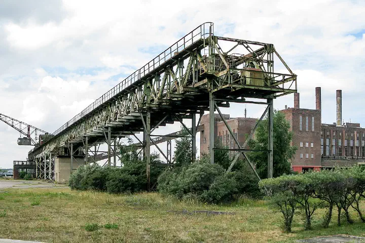 Museum former Heeresversuchsanstalt (with power plant with a coal conveyor in the foreground), Peenemünde, Mecklenburg-Vorpommern, Germany