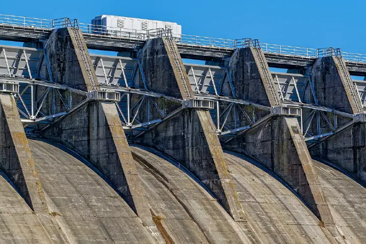 A close-up of Douglas Dam, a Tennessee Valley Authority hydroelectric dam on the French Broad River in Sevier County, Tennessee, USA
