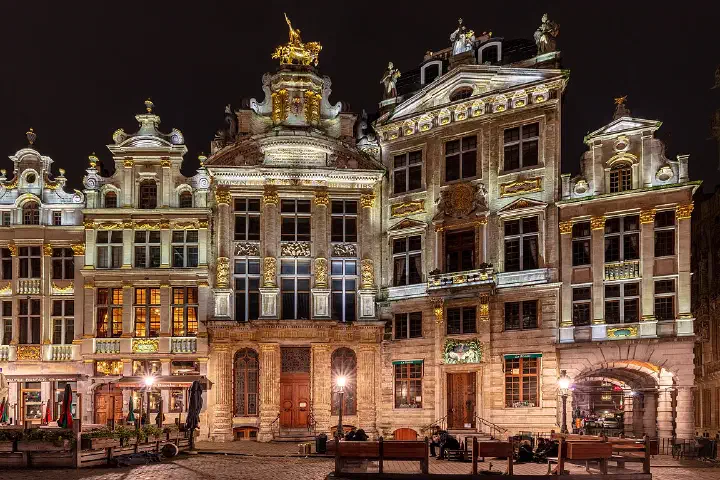 Night view of some of the buildings in Grand-Place, central square of Brussels, Belgium
