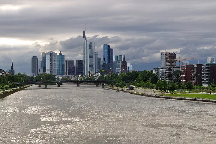 Frankfurt on the Main: View of the city as seen from the Deutschherrnbruecke (Teutonic Knights Bridge)