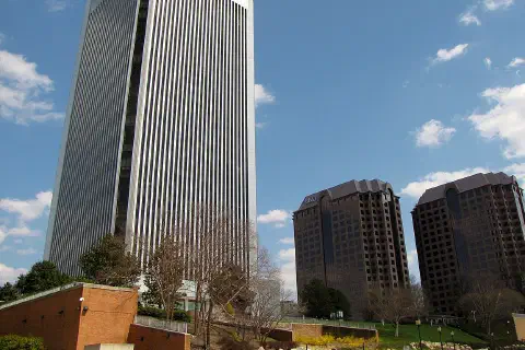 The Federal Reserve building and Riverfront Plaza, as seen from Tredegar Street