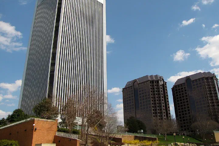 The Federal Reserve building and Riverfront Plaza, as seen from Tredegar Street
