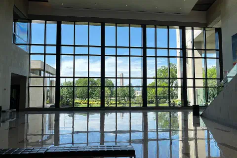 National World War I Museum and Memorial viewed from inside the Federal Reserve Bank of Kansas City in 2025