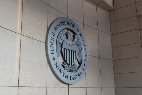 The entrance to the Federal Reserve Bank in downtown Minneapolis, Minnesota