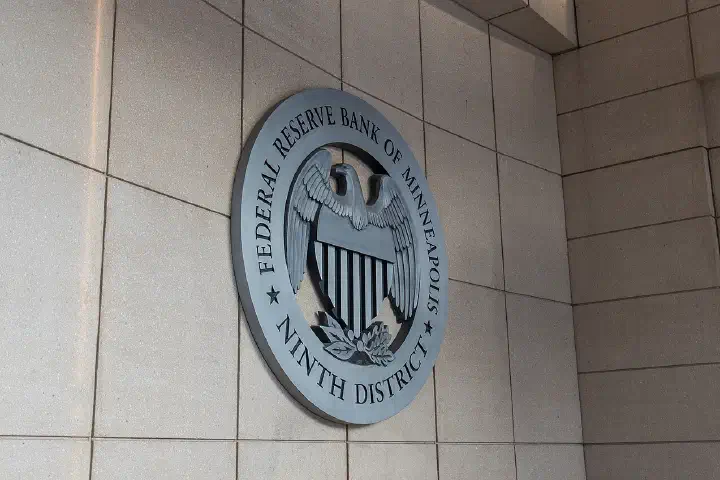 The entrance to the Federal Reserve Bank in downtown Minneapolis, Minnesota
