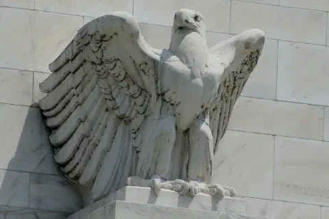 An eagle statue on the Federal Reserve Building in Washington, D.C.