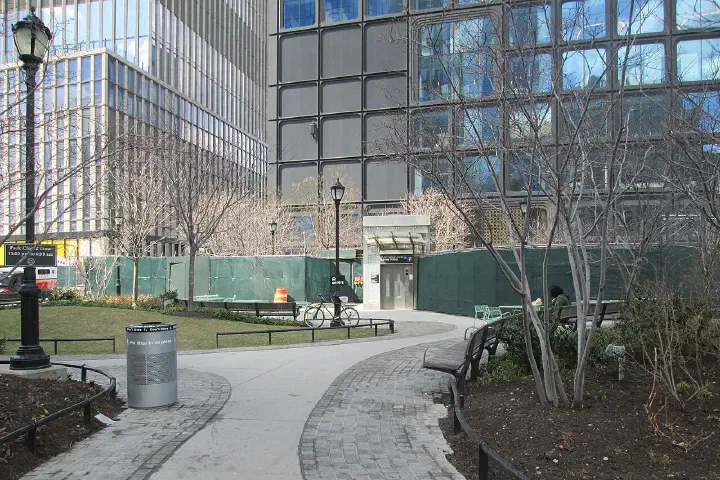 The Hudson Yards development in New York City in March 2019; base of 35/55 Hudson Yards, looking toward 34th Street subway elevator