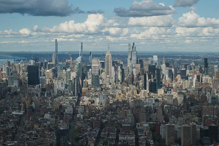 The Midtown Manhattan skyline from the One World Observatory, the Empire State Building at center, New York City, USA
