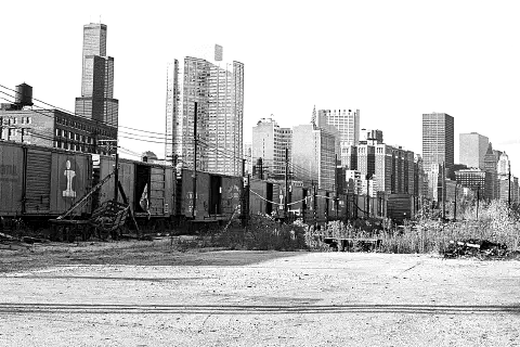View from RR yards just west of the Field Museum, looking north to the Loop, Chicago 1978