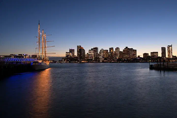 The skyline of the Financial District in Boston, as seen from East Pier Drive in Jeffries Point, East Boston