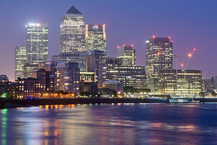 HDR from three exposures (+2 to -2) of Canary Wharf, as seen from the Thames Path, Limehouse, London