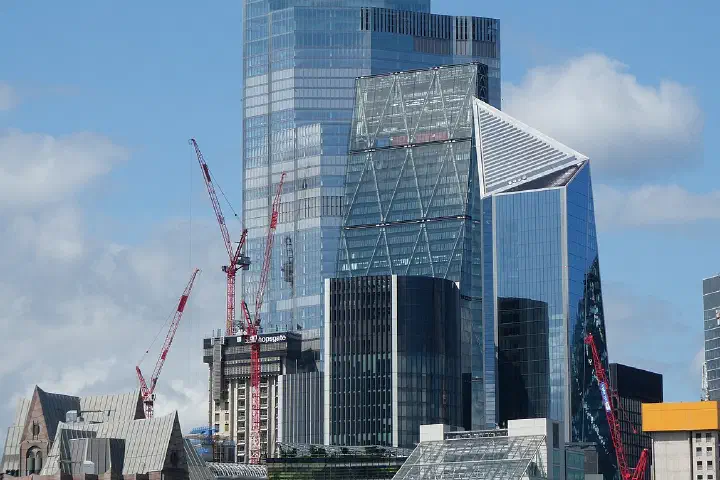 The Eastern Cluster of skyscrapers in the City of London, as seen from across the River Thames in Butler's Wharf. 22 Bishopsgate