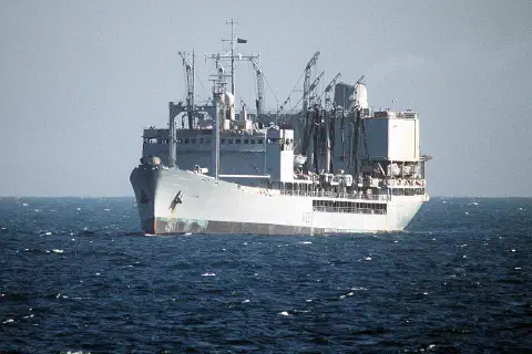 The British fleet tanker RFA Olna underway with a multinational force in the Persian Gulf region.