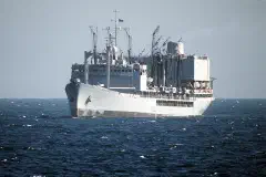 The British fleet tanker RFA Olna underway with a multinational force in the Persian Gulf region.