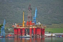 An oil and gas drilling platform at a shipyard in Norway.