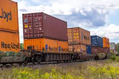 A freight train carrying intermodal containers in Ontario.