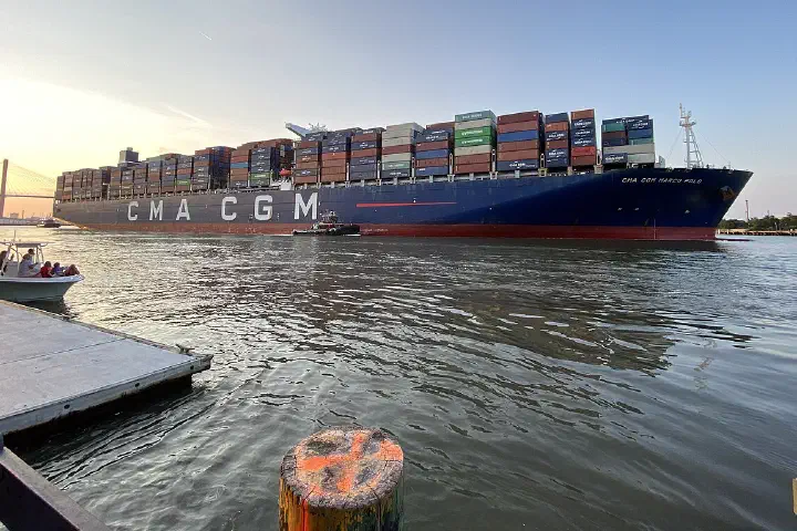 CMA CGM Marco Polo traveling through the Savannah Port, Georgia, USA with the Talmadge Memorial Bridge in the background