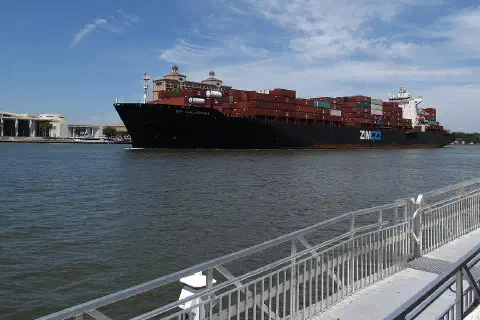 A freighter approaching the Port of Savannah, Georgia, on the Savannah River.