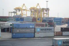Stacking intermodal containers at the Port of Chittagong.