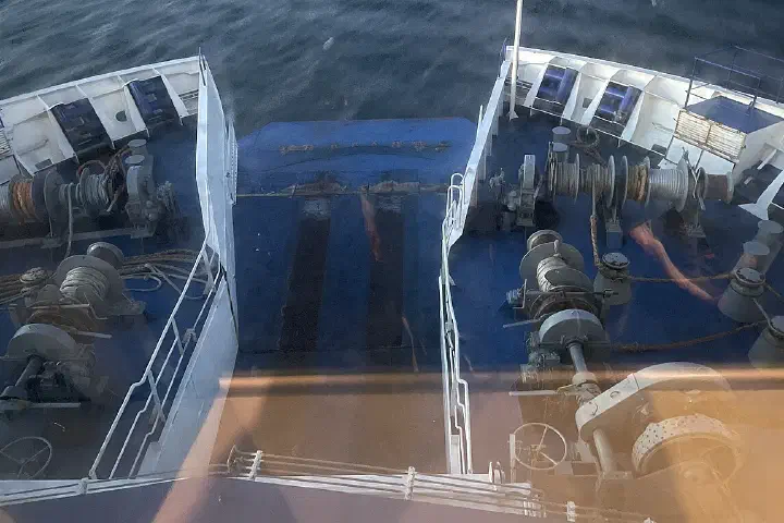 View to the bow from the seating area onboard Finbo Cargo