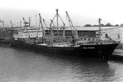 A starboard bow view of the Soviet cargo ship Ivan Rusakov in port during exercise Unitas XX.