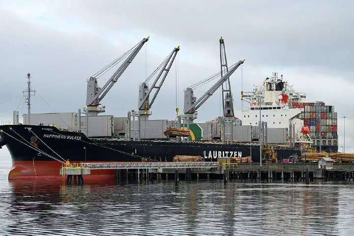 Lauritzen bulk carrier, Happiness Bulker - IMO 9919515, MMSI 538010308; self-loading raw logs at the dock in Port Angeles Harbor, Washington, USA
