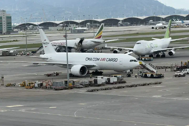 A Boeing 777F (immatriculation N760GT) owned by CMA CGM Air Cargo, at Hongkong airport