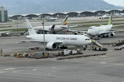 A Boeing 777F (immatriculation N760GT) owned by CMA CGM Air Cargo, at Hongkong airport