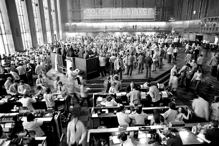 Traders are hard at work at the Chicago Board of Trade in Chicago, Illinois on May 31, 1973