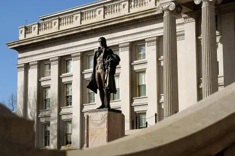The statue of Alexander Hamilton outside the U.S. Treasury Building