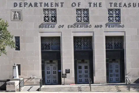 The entrance to the Bureau of Engraving and Printing annex building, located on 14th Street, between C and D Streets SW, Washington, DC