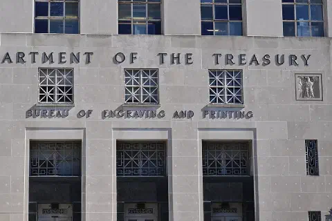 The sign above the entrance at the Bureau of Engraving and Printing annex building. 14th Street, between C and D Streets SW, Washington, DC
