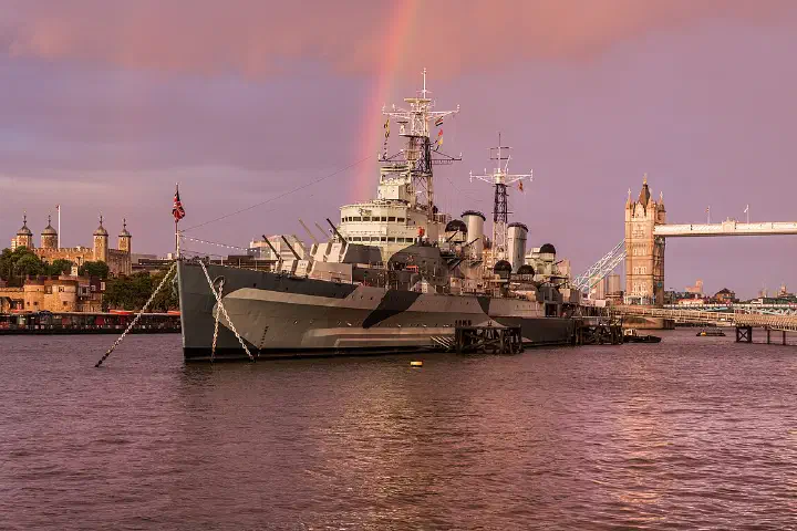 HMS Belfast with rainbow