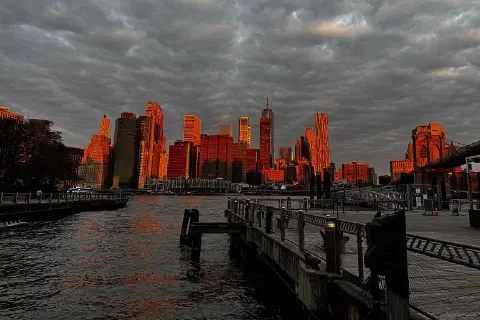 Orange Skyline (View of Manhattan Financial District Skyline from Brooklyn Bridge Park)