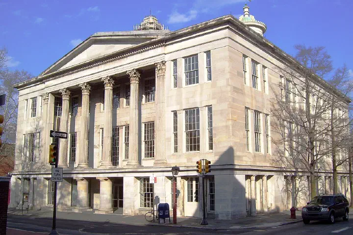 The Merchants' Exchange Building at the intersection of Walnut and S. Third Streets in the Old City neighborhood of Philadelphia