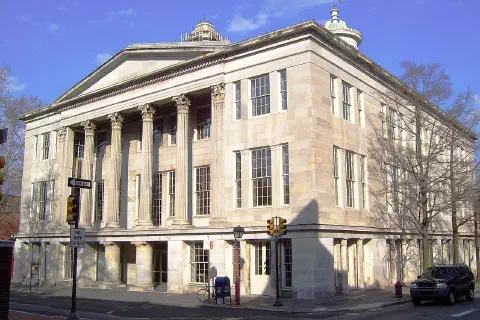 The Merchants' Exchange Building at the intersection of Walnut and S. Third Streets in the Old City neighborhood of Philadelphia